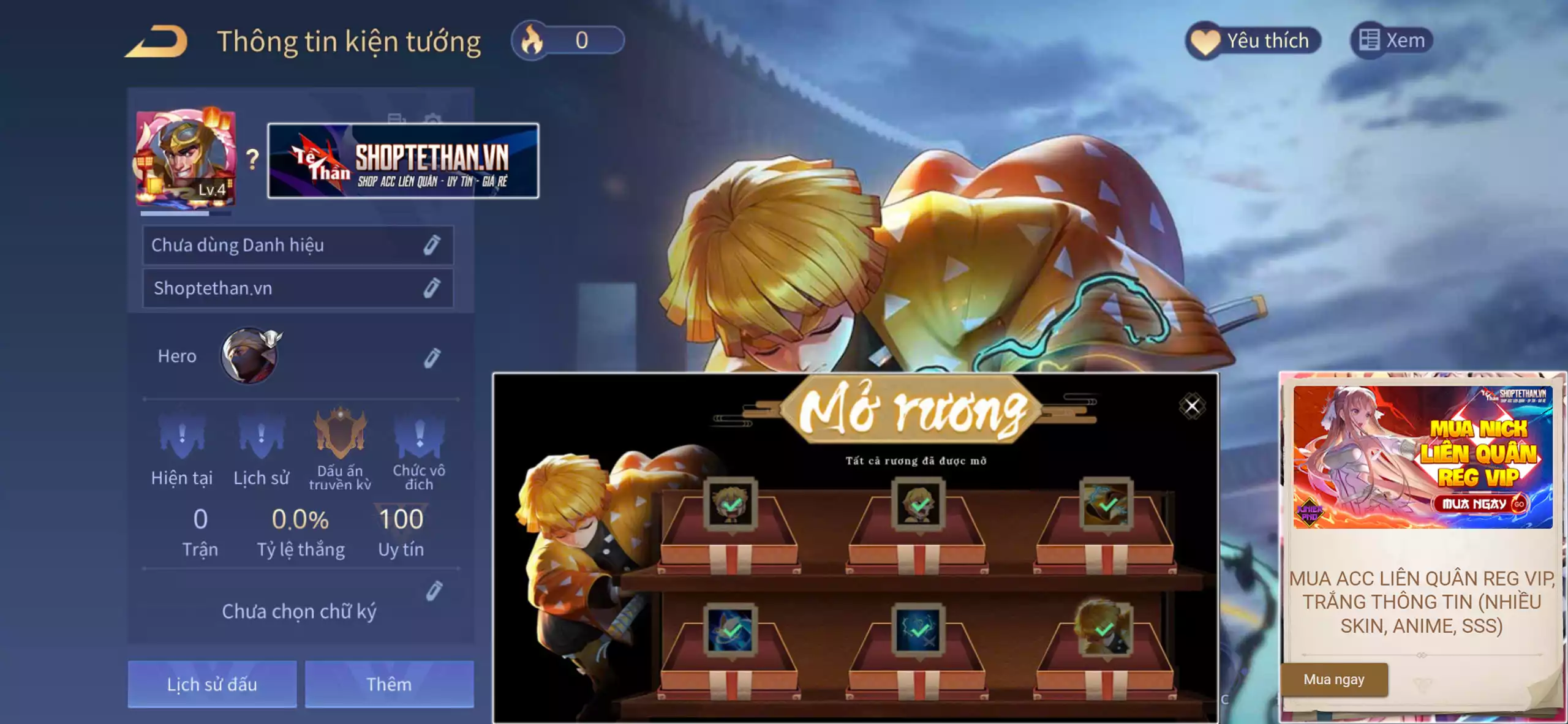 ACC REG LIÊN QUÂN: Murad zenitsu Agatsuma, sẵn tướng, trắng thông tin, free đổi tên